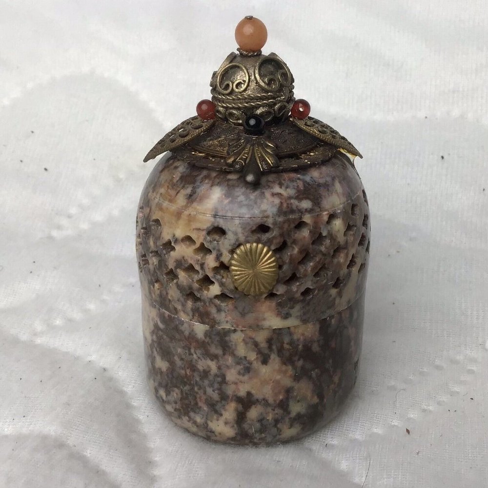 Vintage Jo Marz Soapstone Marble Trinket Pill Box Angel Leaves Beautiful Patina